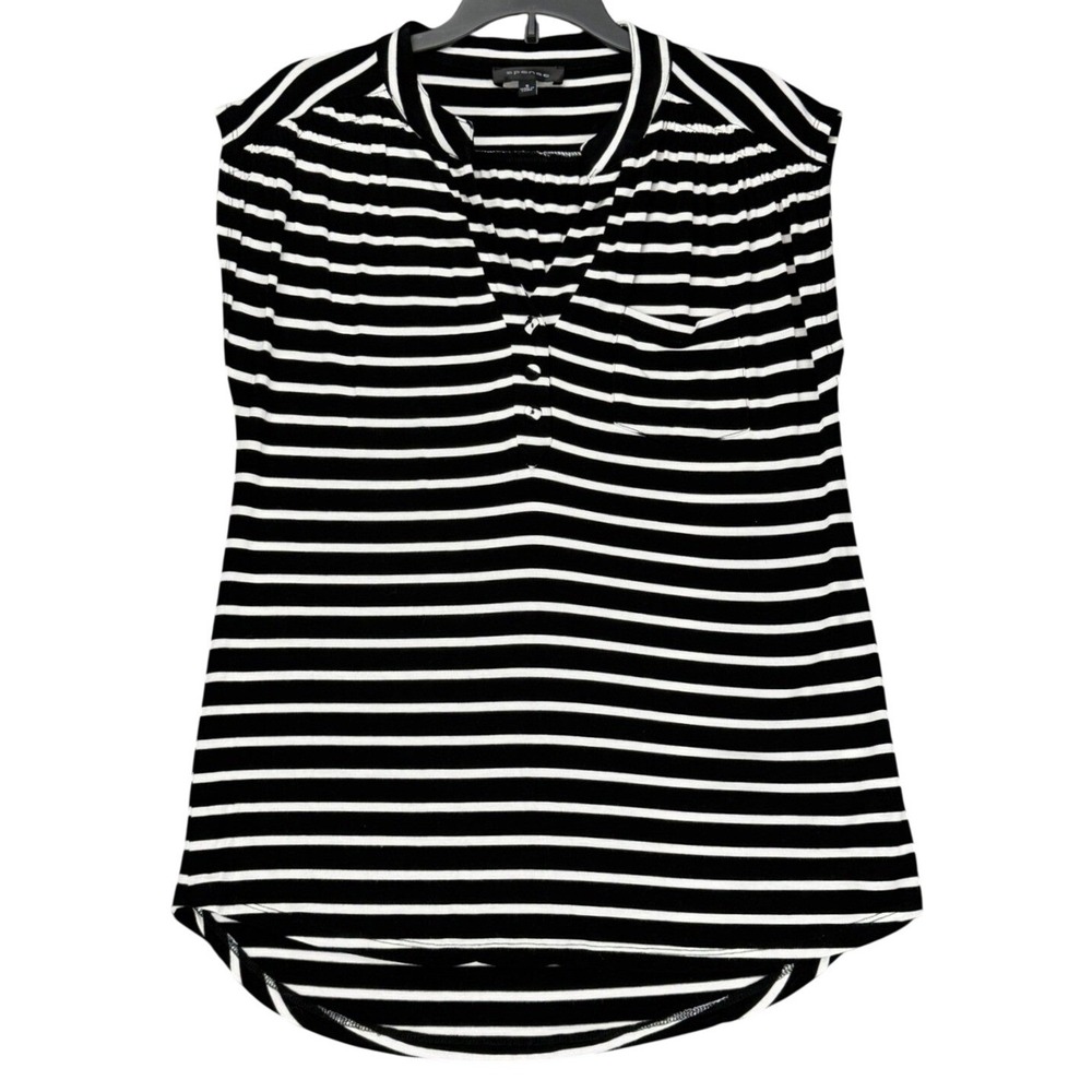 Spense Women's Small Black White Tunic Top Stripe Henley Neck Cap Sleeve Shirt